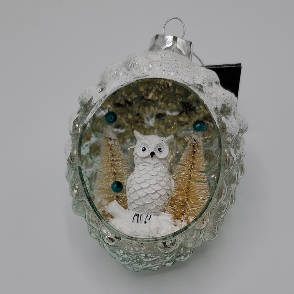 NWT Robert Stanley Glass Snowy Pine Cone Owl Christmas Ornament - Picture 2 of 6